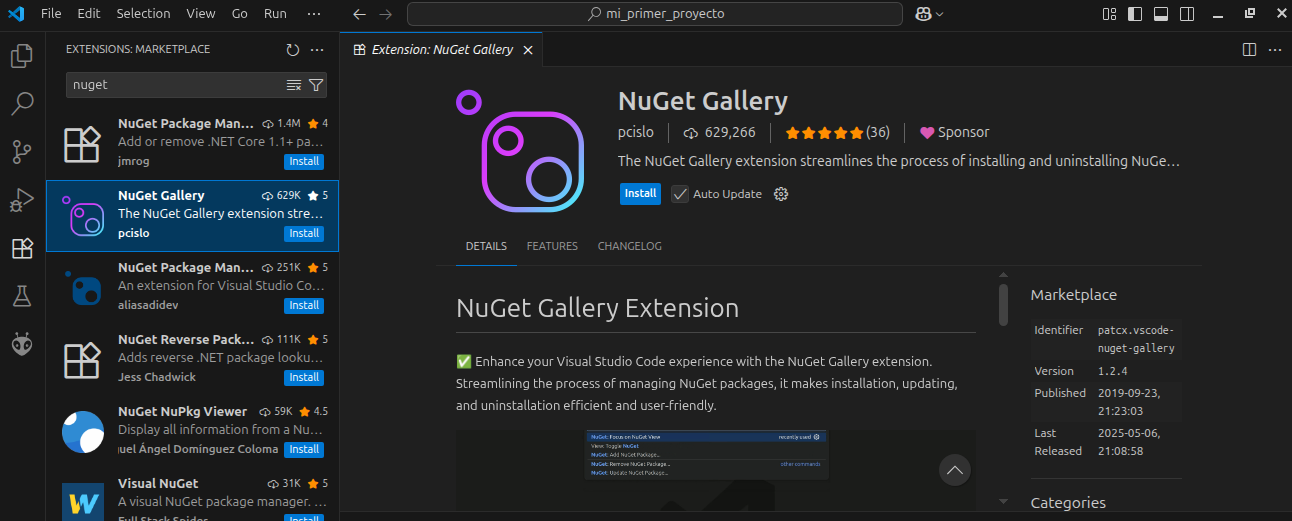 Extensión VSCode para la gestión de librerías de c#